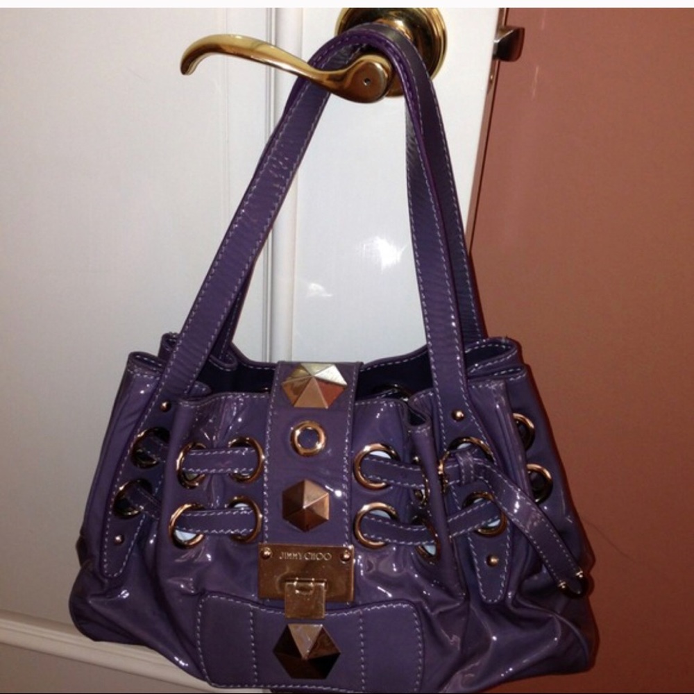Jimmy Choo Patent leather mauve “Riki” satchel.